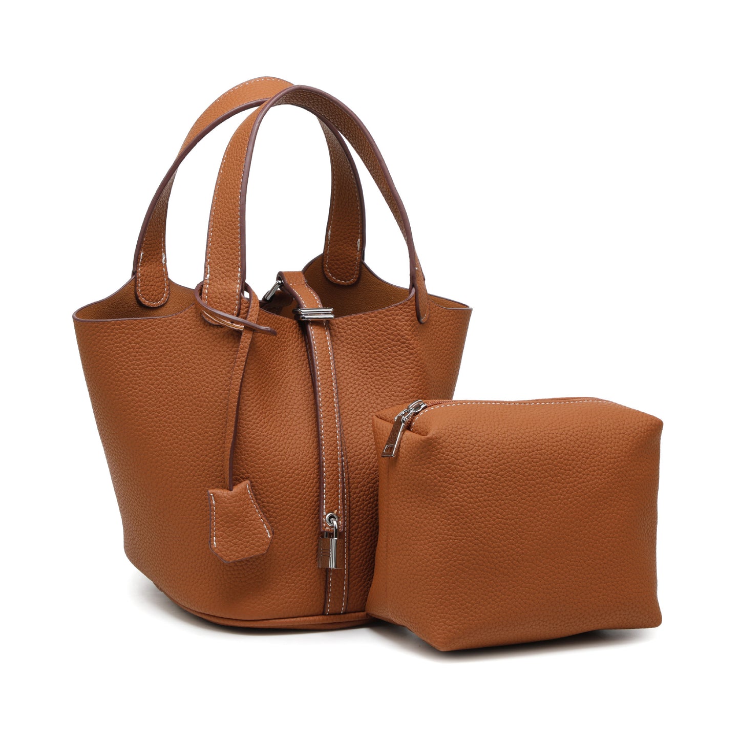 Female vegan leather bucket bag