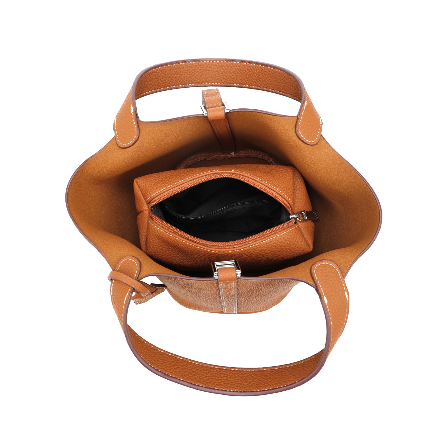 Female vegan leather bucket bag