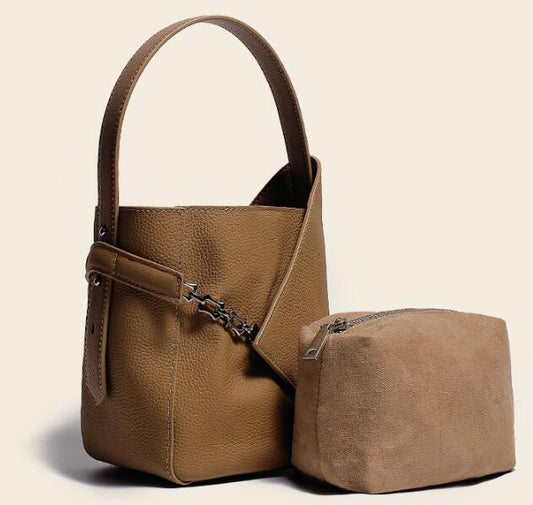 Genuine leather small bucket bag