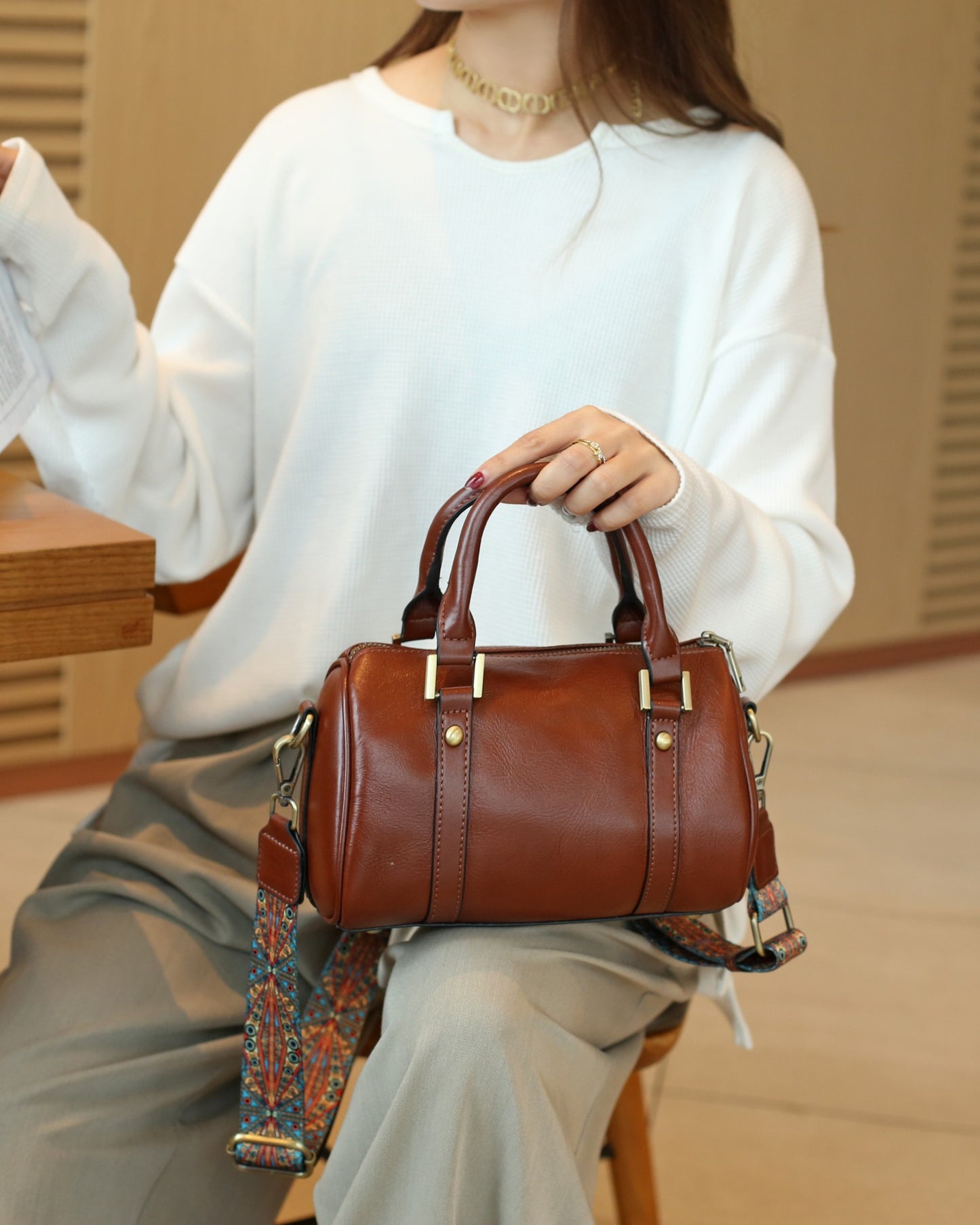 Ladies genuine leather Boston bag